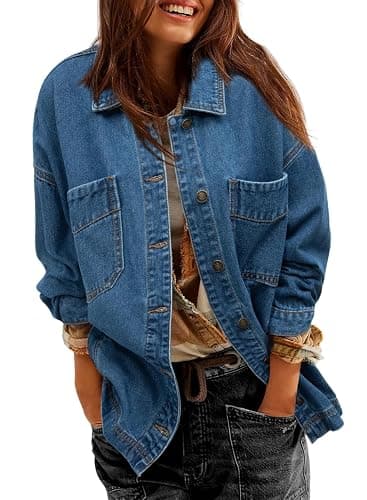 Sidefeel Women's Jean Jacket Oversized Boyfriend Button Up Long Sleeve Split Zimbaplatinum Denim Jackets - Image 1