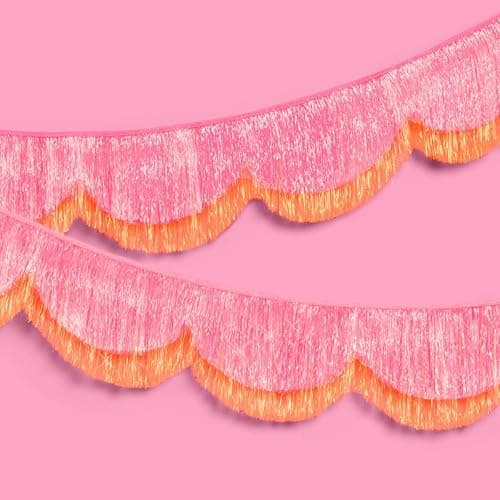 xo, Fetti Pink and Orange Scallop Fringe Banner | Bachelorette Party, Birthday, Summer Decor, Iridescent, Fiesta, Girly, Photo Prop, Backdrop - Image 1