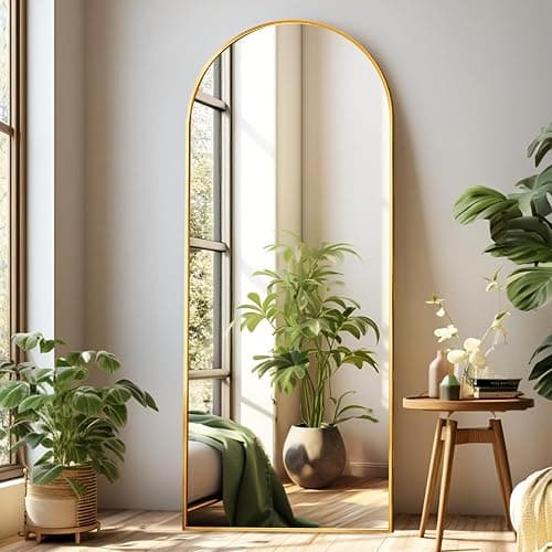 Dewfig Arched Full Length Mirror, 64"*21", Large Floor Mirror with Stand, Full Body Mirror Standing Mirror for Leaning or Hanging Bedroom, Living Room,Dressing Room, Aluminum Alloy Frame, Gold - Gold - 64"L x 21"W - Image 1