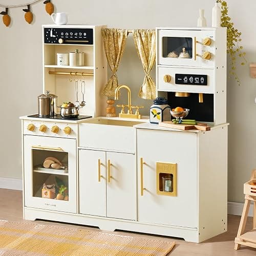 Tiny Land Play Kitchen for Kids, Toy Kitchen Set with Plenty of Play Features, New Modern Kids Wooden Play Kitchen Designed in Trendy Home Style with Curtains, Gift for Ages 3+ - Image 1