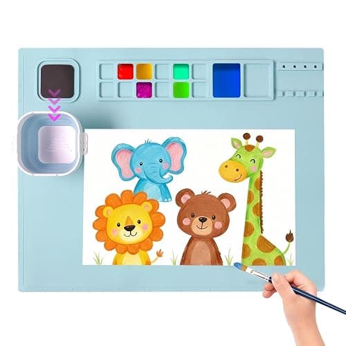 AWOKE Silicone Painting Mat - 20"X16" Silicone Art Mat with 1 Water Cup for Kids - Craft Mat has12 Color Dividers - 2 Paint Dividers (Blue),Toddler Activities,3 4 5 Year Old Girl Boy Birthday Gifts - Image 1