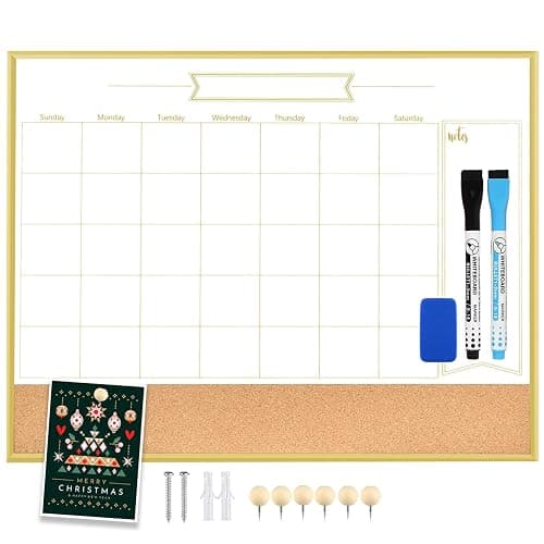 Whiteboard Calendar & Corkboard, 17" x 13" Dry Erase White Board & Bulletin Board, Gold Aluminum Frame Calendar/Cork Combo Board(ZHYL-Gold-3343-B+1) - Image 1