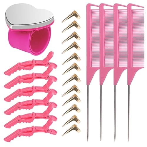 23 Pieces Hair Parting Tools Set, Hair Braiding Tool, Rat Tail Combs | Magnetic Wrist Pin Holder, 6 Sectioning Clips, 4 Rat Tail Combs, 12 Hair Parting Rings for Braiding - Image 1