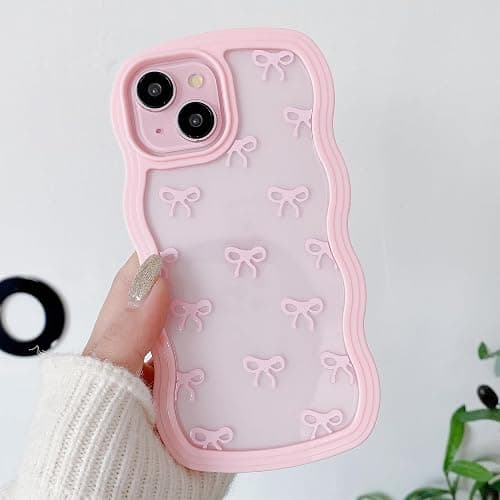 QLTYPRI Bow Case for iPhone 13/iPhone 14 Wavy Fame, Pink | Clear Cute Ribbon Bow Phone Case,Curly Wave Aesthetic Design,Slim Soft Transparent Shockproof Protective Case for Women Girl - Image 1