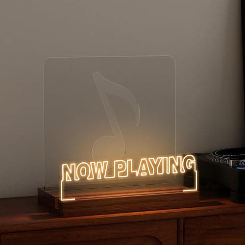 CoolGift Mart Now Playing Vinyl Record Stand, Light up Record Holder, Wooden Acrylic Display with Warm White Lights for Albums, Room Decor, for Vinyl Lovers - Square Desktop- Warm White - Image 1