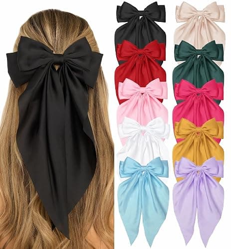DTERSE Hair Bows for Women Big Bows Hair Accessories for Womens Girls 10PCS, Valentine's Day Hair Bows for Women Cute Oversized Bow Hair Clips with Long Tails, Silky Satin Ribbon Bows for Hair - Image 1