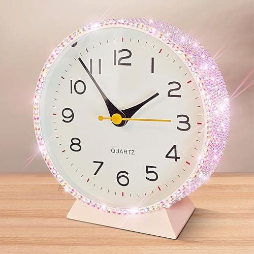 Yivaiks Shiny 4.5" Analog Alarm Clock,Bling Small Silent Retro Desk Clock,Metal Glitter Clock Table Decor for Living Room, Bedroom, Bedside, Shelf (Pink) - Image 1