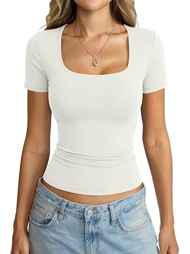 Eachyes Womens Square Neck Short Sleeve Shirts Slim Fitted Basic Tops | Soft Stretchy Fabric, Breathable Single Layer, Cute Summer Tee, Casual Y2k, Going Out&Daily Wear, Gym Workout, No See-through - Image 1