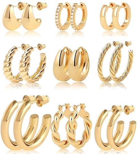 Gold Hoop Earrings for Women Chunky Twisted Huggie Hoops Earrings Set 14K Real Gold Plated Christmas Gift for Women - Image 1