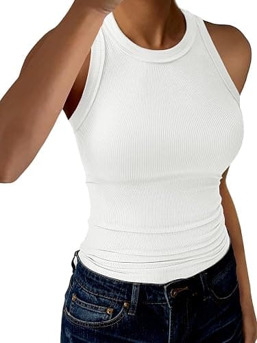 GKBK Womens Racerback Tank Tops Ribbed High Neck Sleeveless Casual Summer Basic Slim Fitted Tank Cami Shirts - Image 1