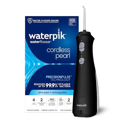 Waterpik Cordless Pearl Rechargeable Portable Water Flosser for Teeth, Gums, Braces Care and Travel with 4 Flossing Tips - ADA Accepted, WF-13 Black, Packaging May Vary - Black - Oral Irrigator - Image 1