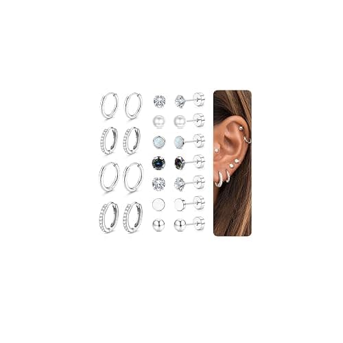 MILACOLATO Hypoallergenic Surgical Steel Earrings Stainless Steel Flat Back Stud Hoop Earrings for Women Men Small Opal Ball CZ Cartilage Earring Silver Gold jewelry Set - Image 1