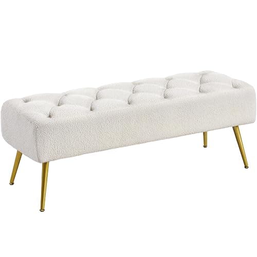 Yaheetech Modern Ottoman Bench Boucle Bench Upholstered Footrest for Living Room with Gold Metal Legs and Padded Seat Ivory - Image 1