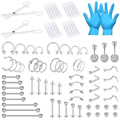 DJCIW 75Pcs Professional Piercing Kit For All Piercings, 14G 16G 18G 20G Needles Clamps Body Jewelry for Nose Belly Lip Eyebrow Ear Piercing (read description) - Image 1