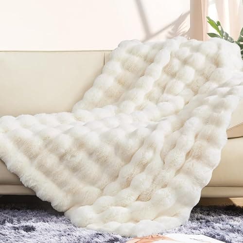 ROMROL Premium Kaninchen-Kunstfelldecke 150x200 cm, Dick Luxus Kunstfelldecke Winterdecke Maschinenwaschbar Für Sofa Bett Couch, Ultraweiche Plüschdecke Geschenk, Weiß - Image 1