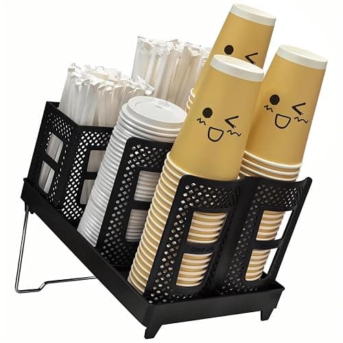 Coffee Cup Holder Organizer Unbreakable 2-IN-1 Paper Cup and Lid Holder with Straw Organizer Adjustable Paper Cup Holder for Countertop Coffee Station Bar Restaurant Breakroom Kitchen Office - Image 1