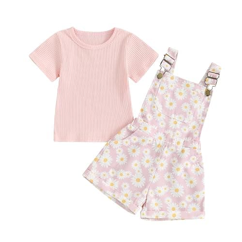 Lucikamy Toddler Baby Girls Summer Outfit Short Sleeve Ribbed Tops + Flower Suspender Overalls Shorts Set Kids Cute Clothes - Image 1