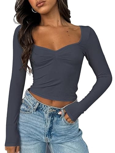 ForeFair Women's Sexy Long Sleeve Going Out Tops Pleated Bustier Shirt Cute Sweetheart Neck Y2K Cropped Top - Image 1