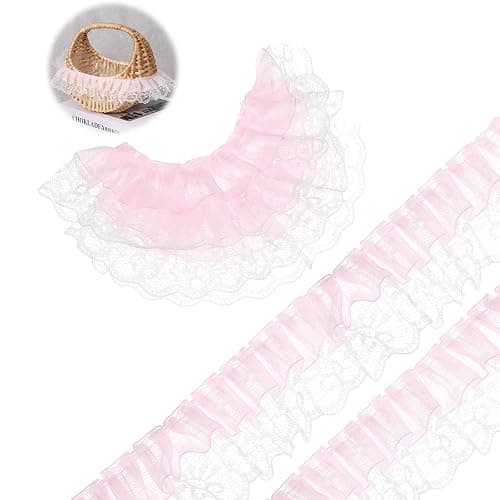 39 In/10 m Pink Lace, Double Layer 2 in /5 cm Wide Lace, Pink Laces Ribbon Gathered Tulle Edging, Ruffle Ribbon for DIY Sewing Crafts Dress Embellishments, Gift Wrapping - Image 1