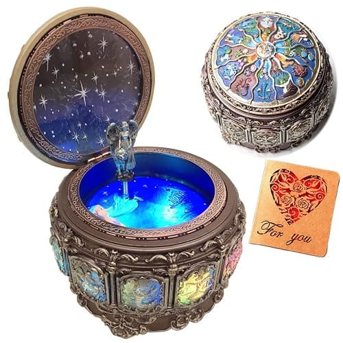 Briskfeel Vintage Music Box with Constellations Rotating Goddess LED Lights Twinkling Resin Carved Mechanism Musical Box with Sankyo 18-Note Wind Up Signs of The Zodiac Gift for Birthday (Upgraded) - Image 1