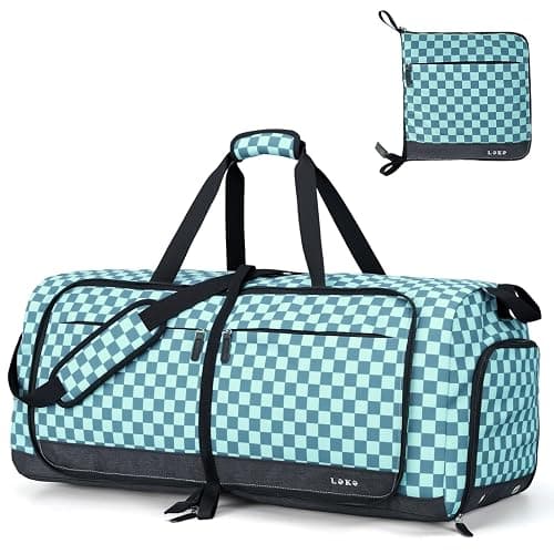 Lekesky Foldable Travel Duffle Bag for Women, Large Duffel Bag with Separate Shoes Compartments & Straps, Carry On Weekend Bag for Women, Hospital, Overnight (Green Gingham, 80L) - Image 1