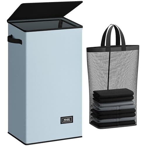 SOLEDI Laundry Hamper with Lid 100L Large & Tall Collapsible Laundry Basket, Clothes Hamper with Bag Removable Easy to Carry, Dirty Hampers for Bedroom, Bathroom, Dorm, College, Blue Grey - Image 1