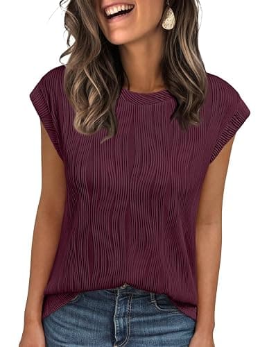 LILLUSORY Dressy Casual Blouses for Women 2025 Summer Trendy Tops Cap Short Sleeve T-Shirts Cute Shirt Work Clothes Spring - Small - Winered - Image 1