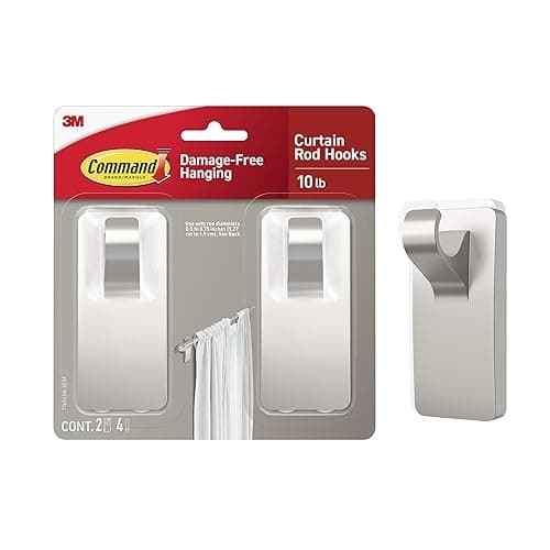 Command 10 lb Satin Nickel Curtain Rod Hooks, 2 Hangers and 4 Strips, No Drilling Home Decor and Room Decor, Use with Rod Diameters 0.5-0.75" - Image 1