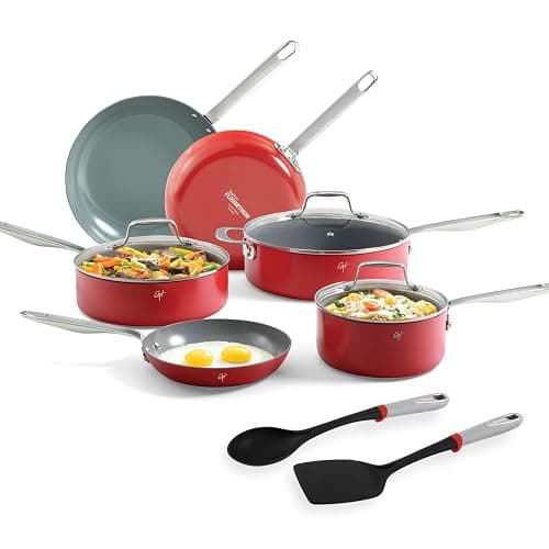 Guy Fieri's Flavortown 11-Piece Ceramic Cookware Set, Nonstick Pots and Pans for Cooking, Made without PFAS PTFE PFOA, Oven Safe, Dishwasher Safe, Easy to Clean Everyday Cookware, Red - Image 1