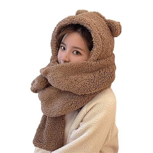 Women Kawaii Bear Ear Beanie Hat Scarf 2 in 1, Cute Winter Warm Sherpa Thicken Fleece Fuzzy Japanese Fluffy Knit Hat - Image 1