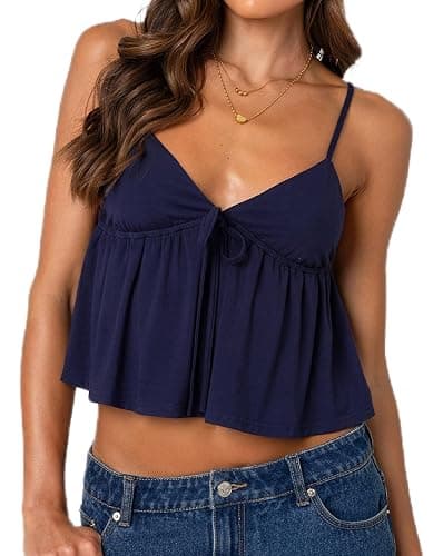 Women Y2k Babydoll Cami Top Spaghetti Strap V Neck Tie Tank Tops Summer Going Out Ruffle Hem Crop Camisole - Image 1