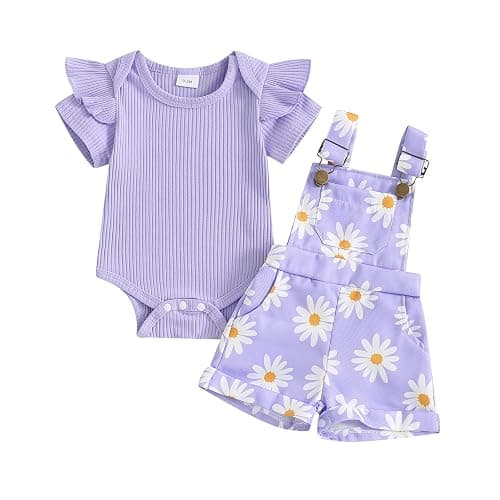 Rtnnsbbfcm Newborn Baby Girl Clothes Summer Outfit Short Sleeve Ribbed Romper Floral Suspender Overalls Shorts Set - Image 1