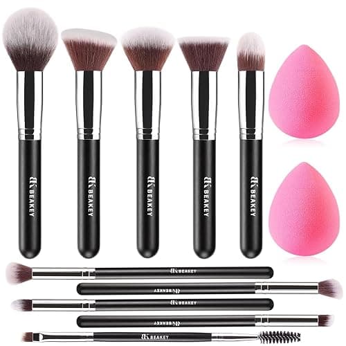 BEAKEY Makeup Brushes Set, Professional Foundation Eyeshadow Concealer Blush Powder Bronzer Applicator, 2 Blender Sponge with Beauty Paper Case stocking stuffers - Image 1