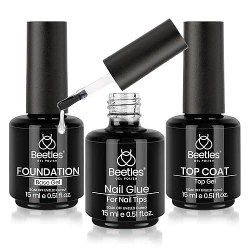 Beetles 3Pcs Top Coat Base Gel & Nail Glue Set, No Wipe Base Coat with 9 In 1 Adhesive Shine Effect Long Lasting Soak Off UV Light Lamp DIY Gifts for Women & Girls - Image 1