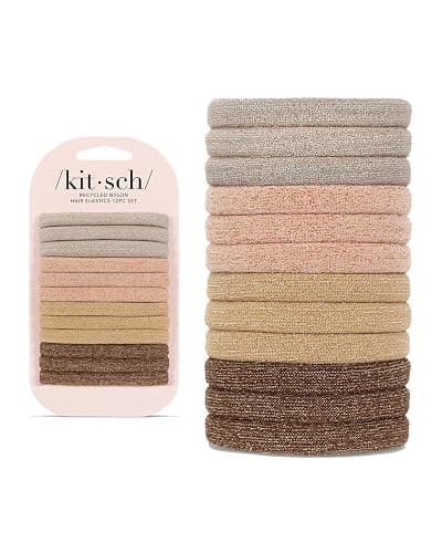 Kitsch Hair Ties No Damage - Strong, Stretchy Hair Bands | Soft Nylon with Glitter Ponytail Holders, Snag-Free Rubber Bands, Perfect for Updos & Braids | Ideal Gifts for Women - Neutral, 12pcs - Image 1