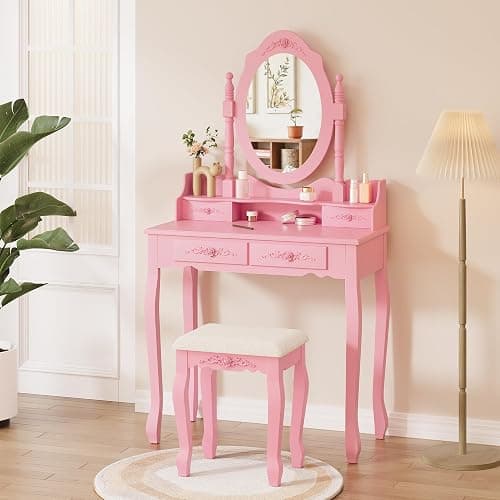Alohappy Vanity Desk Set with Mirror & Stool for Girls, Makeup Vanity Table and Cushioned Stool Set with 4 Drawers, Wood Dressing Table for Bedroom (Pink) - Image 1