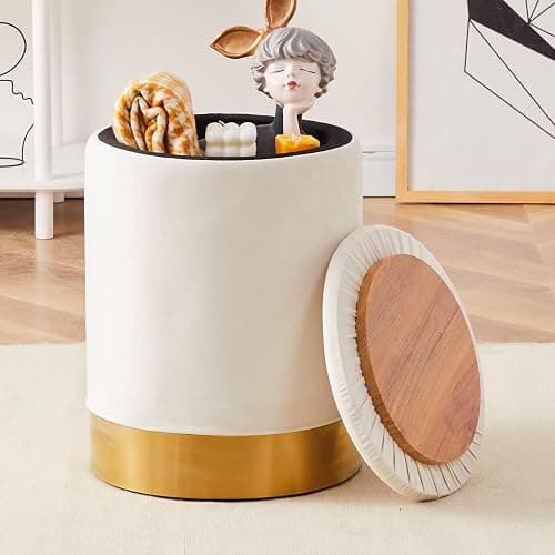 Mxfurhawa Velvet Storage Ottoman Multipurpose Footrest Stool with Metal Base Modern Round Vanity Stool Chair Ottoman Foot Stools Support 300 lbs Padded Seat for Living Room (Cream (Velvet)) - Image 1