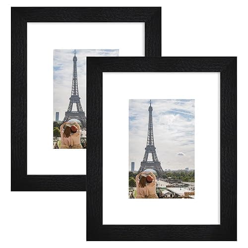 Hongkee 8x10 Picture Frame Set of 2, Made of Real Glass and Rustic Black Wooden Frame - Display Picture 5x7 with Mat or 8x10 Without Mat, 8 by 10 Photo for Wall or Tabletop - Image 1