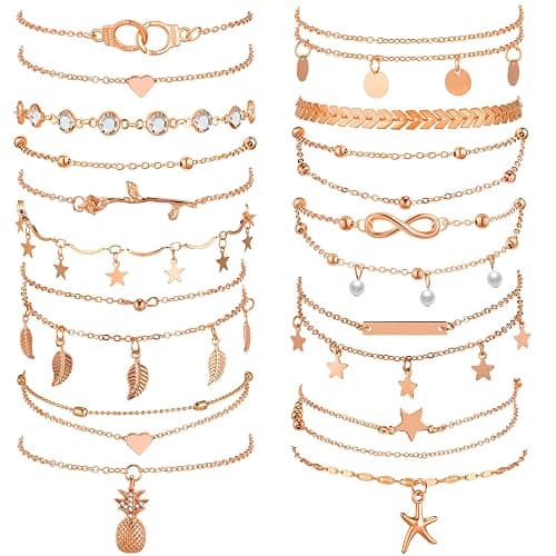 Hicarer 16 Pieces Ankle Bracelets 14K for Women Anklets Set Boho Beach Anklets Foot Chains Adjustable Foot Hand Jewelry Romantic Gift - Image 1