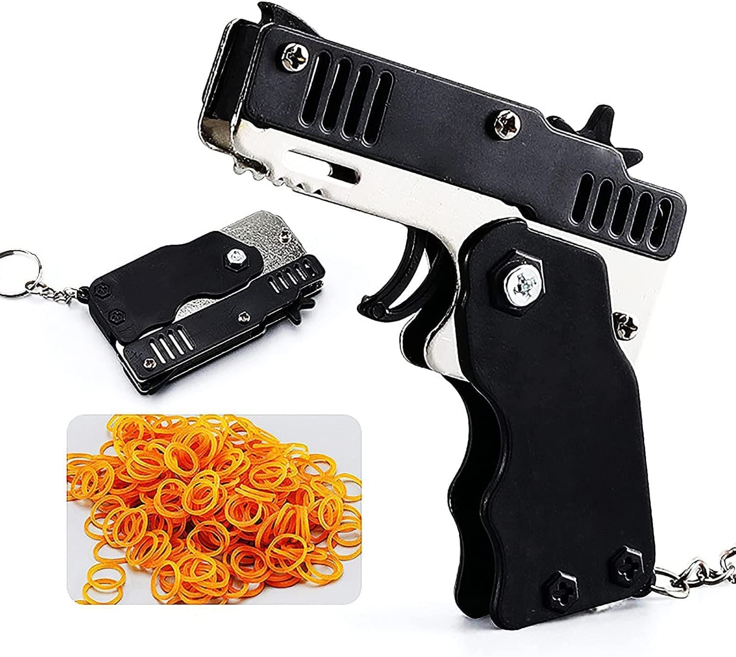 mciskin Mini Metal Burst Collapsible Rubber Band Gun Toy,With 60pcs Safe Portable Rubber Band Children's Toy,Portable Shooting Game Outdoor Indoor Activities Gift,Christmas Toy for Children (Black) - Black - Image 1