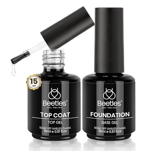 beetles Gel Polish Base Gel Top Coat Set, 2Pcs 15ML Clear Base and No Wipe Top Coat Soak Off UV LED Glossy Shine Finish Long Lasting DIY Nail Salon Manicure Gift for Women - Image 1