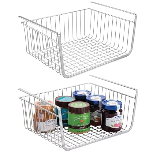 mDesign Metal Under Shelf Basket for Kitchen Storage - Wire Farmhouse Sliding Bin Basket for Pantry - Large Open Front Organizer for Food, Drinks, Snacks - Hyde Collection, 2 Pack - Chrome - Image 1