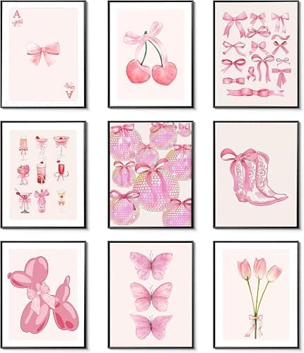 Ucninvd Pink Bow Wall Art Posters Set of 9 Trendy Coquette Preppy Wall Decor Paintings Disco Ball Girly Room Decor Aesthetic Canvas Pictures Prints for Bathroom Living Room Dorm 8x10Inch Unframed - Image 1