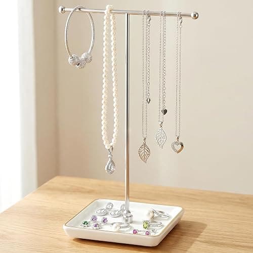 galasily Jewelry Holder Stand with Ceramic Base: 12" Tall Necklace Organizer Rack, Tree Design Display Storage for Necklaces, Bracelets, Rings, Earrings, Aesthetic Vintage Room Décor (Silver) - Image 1