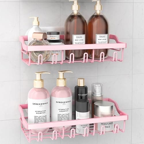 Hsiohe 2 Pack Shower Caddy, Adhesive Shower Organizer for Bathroom Storage, Rustproof Stainless Steel Shower Shelves, No Drilling, Large Capacity Shower Rack Shelf for Inside Shower, Pink - Pink - 2 Pack - Image 1