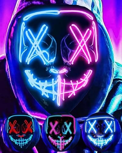 DWTECH LED Halloween Purge Light Up Mask - EL Wire Scary Mask for Masquerade Cosplay, Kids Men Women Festival Party - Image 1