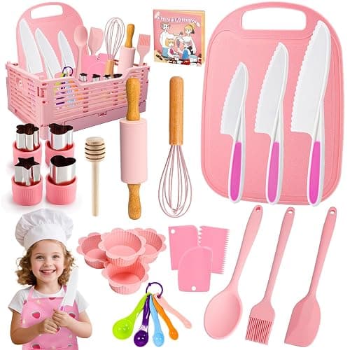 Kids Baking Cooking Set Real & Toddler Kid Apron, Kids Knife Set for Real Cooking & Basket,Food-Grade Material,Montessori Toddler Kitchen Tools, Christmas Birthday Gift for 3-10 Year Old Girls Boys - Image 1