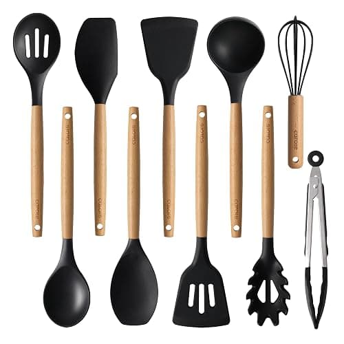 CAROTE Silicone Cooking Utensils Set for Nonstick Cookware, 446°F Heat Resistant Kitchen Utensil Set with Wooden Handle 10pcs, Spatula, Turner, Spoon, Tongs, Whisk - Image 1