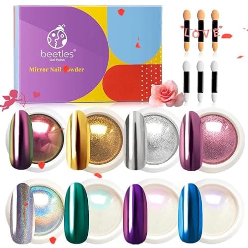 Beetles Chrome Nail Powder Mirror Effect Holographic Aurora Iridescent Pearlescent Manicure Art Decoration Glitter, 8 Colors 1g or 0.5g/Jar DIY Nail Art - A-Sliver Set - Image 1