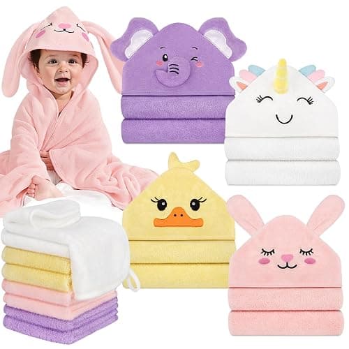 CandyHome 12 PCS Baby Bath Towels for Infants Toddlers, 4 PCS Animal Hooded Baby Towels & 8 PCS Washcloths Set, Ultra Absorbent Soft Cute Newborn Bath Essential Gifts for Boys & Girls - Image 1